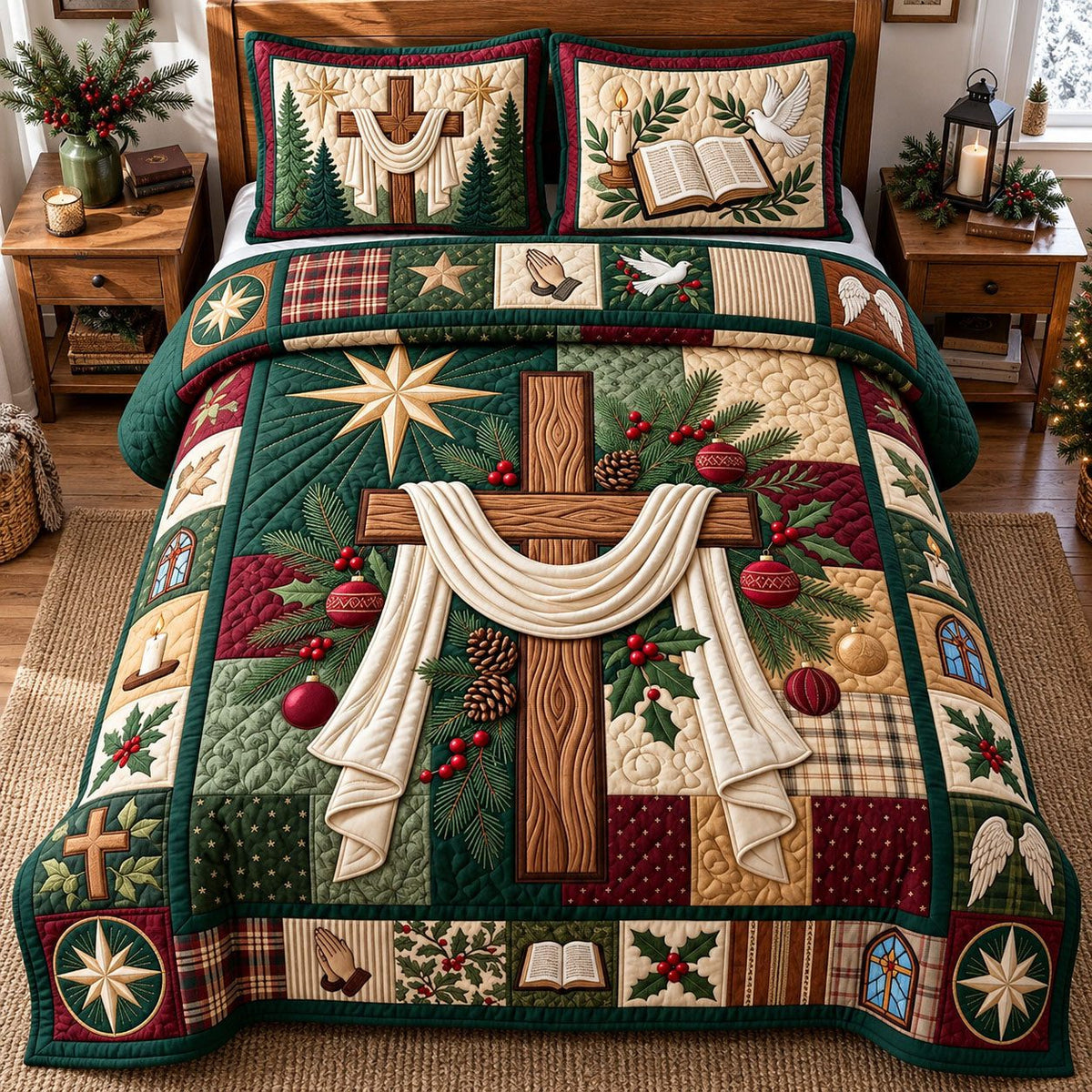 Cross Christmas quilted 3-piece bedding set on a made bed in a winter-styled bedroom