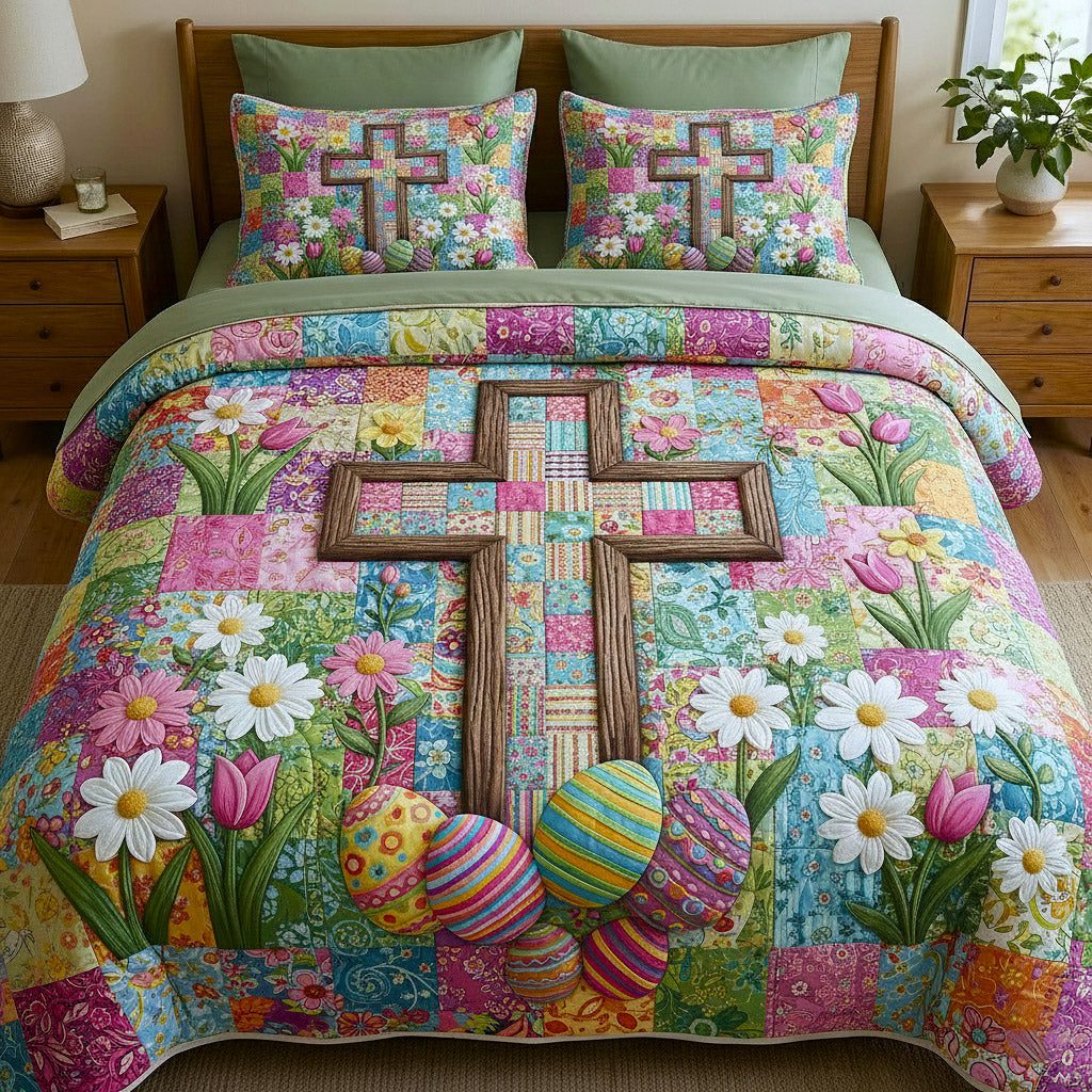 Cross Daisy Easter Eggs quilted 3-piece bedding set on a made bed in a softly lit bedroom