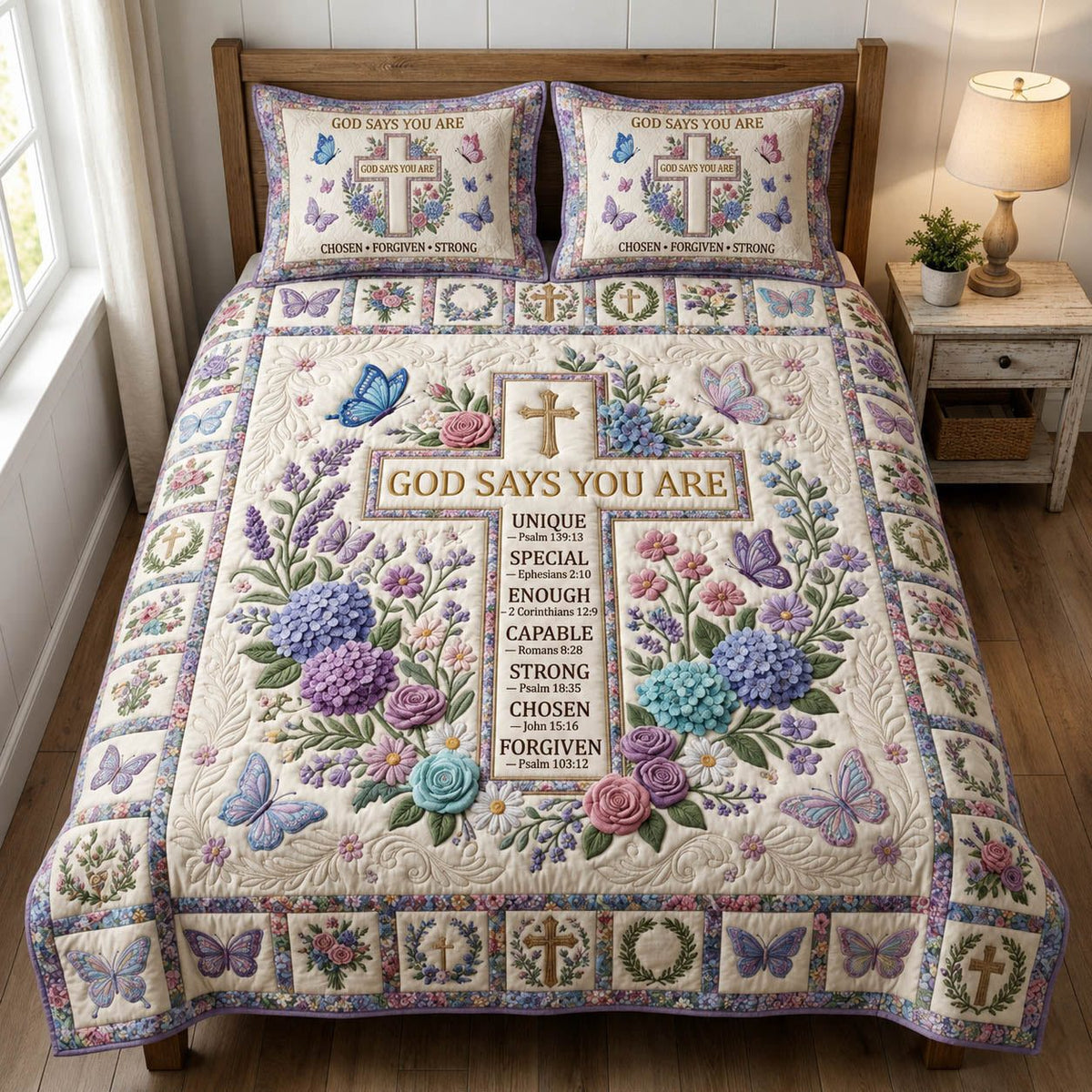 Cross God Says You Are 3-Piece Quilted Bedding Set GFTOLAN789 quilted 3-piece bedding set on a made bed in a softly lit bedroom
