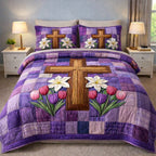 Cross Lilies Purple Grid quilted 3-piece bedding set on a made bed in a softly lit bedroom