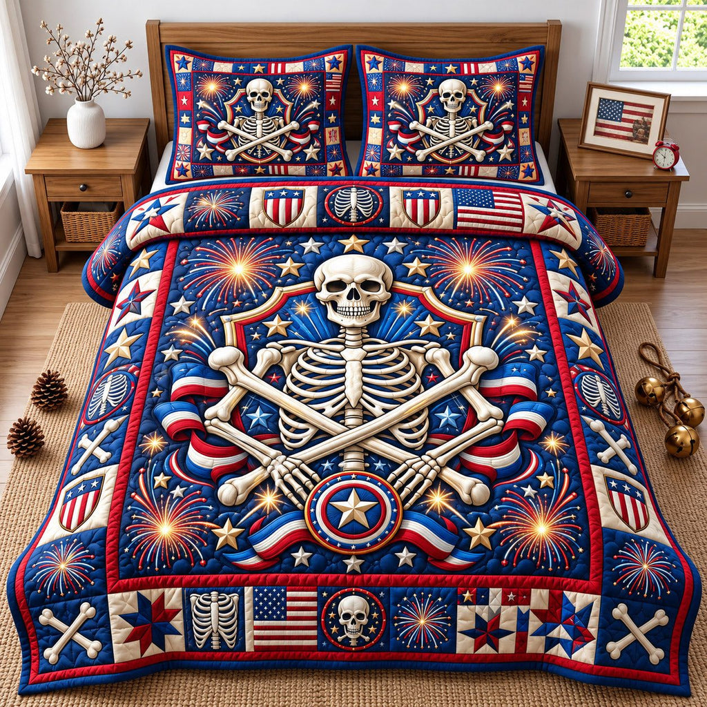 Crossbones Fireworks Patriotic Skeleton quilted 3-piece bedding set on a made bed against a dark styled interior