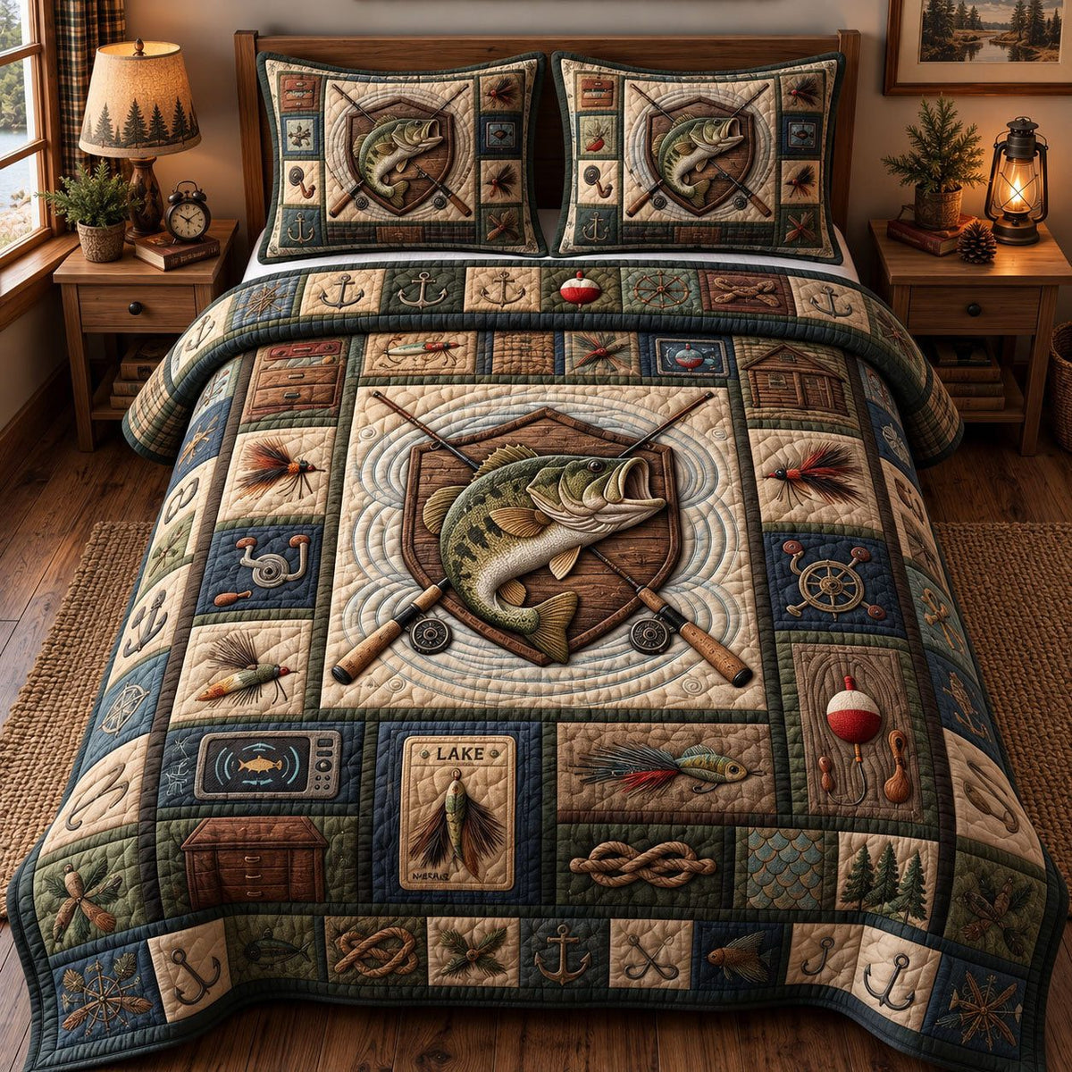 Crossed Rods Bass Shield quilted 3-piece bedding set on a made bed with two matching pillow shams