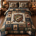Crossed Rods Bass Shield quilted 3-piece bedding set on a made bed with two matching pillow shams