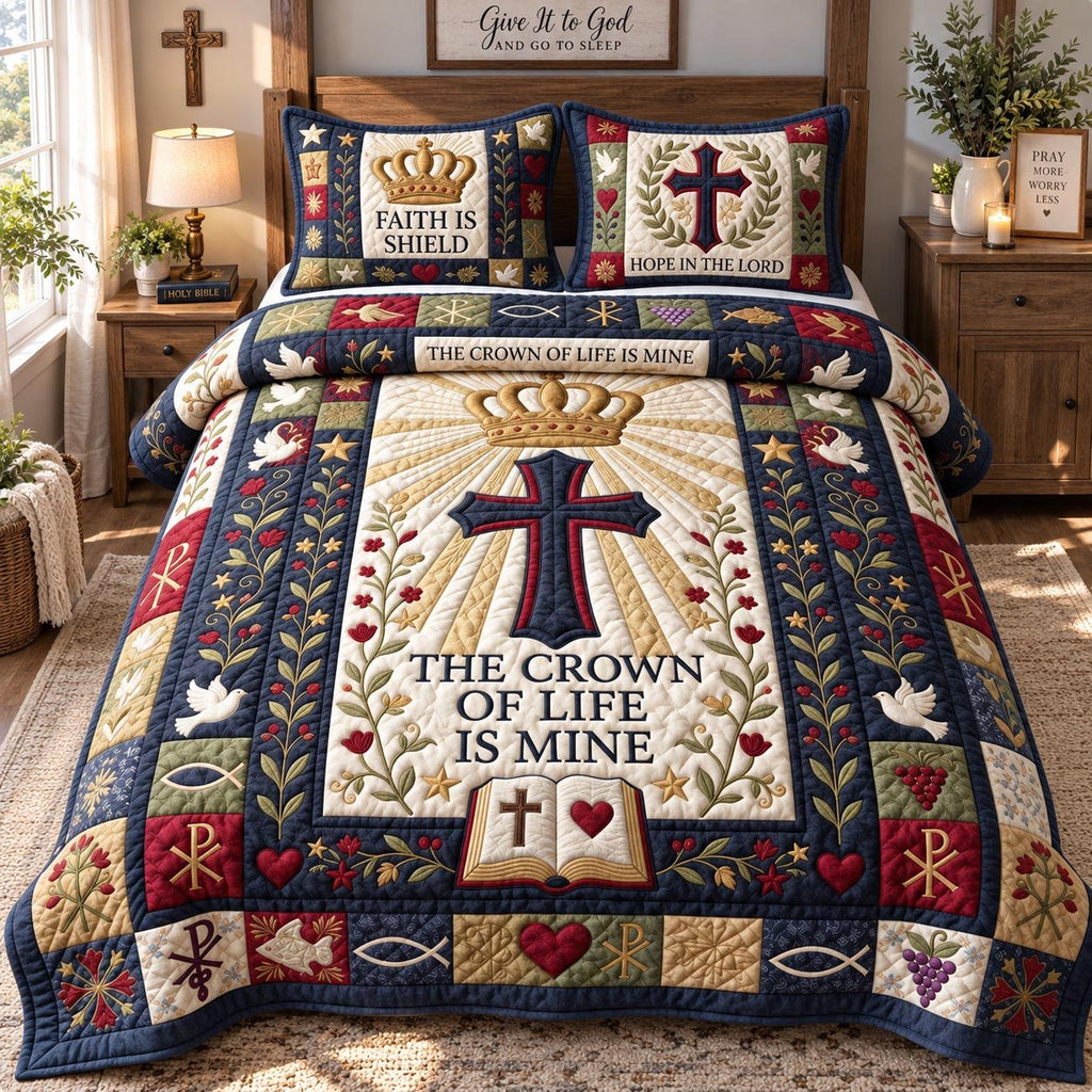 Crown Of Life Faith quilted 3-piece bedding set on a made bed in a softly lit bedroom