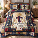 Crown Of Life Faith quilted 3-piece bedding set on a made bed in a softly lit bedroom