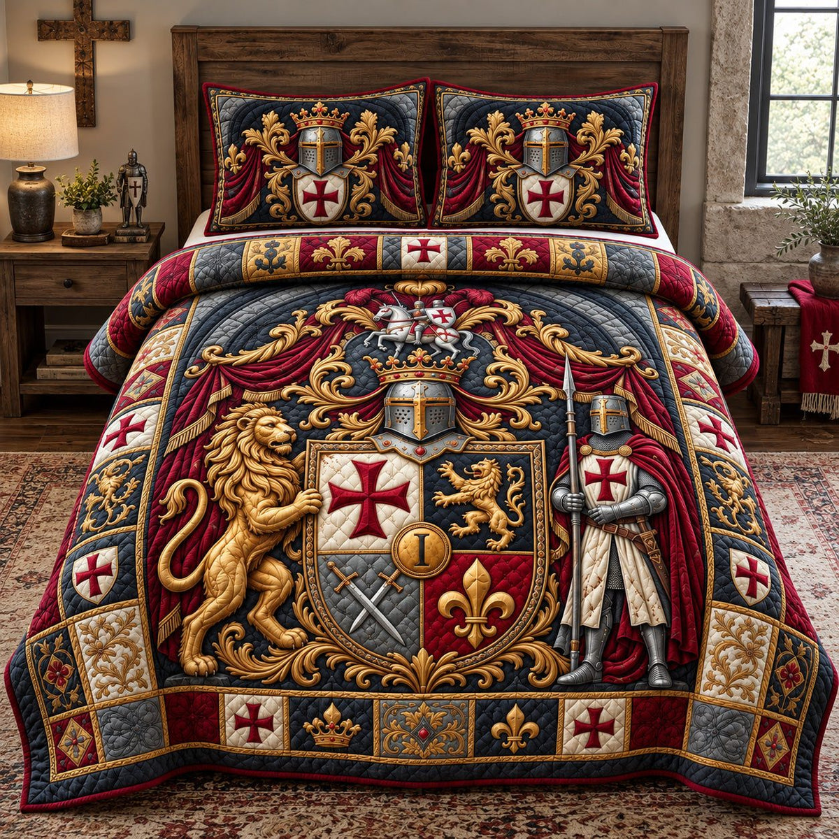 Crusader Royal Crest quilted 3-piece bedding set on a made bed with two matching pillow shams