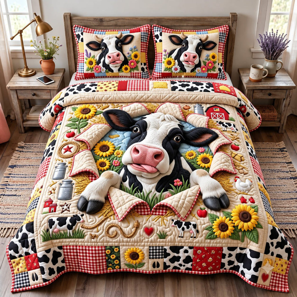 Cute Cow quilted 3-piece bedding set on a made bed with two matching pillow shams