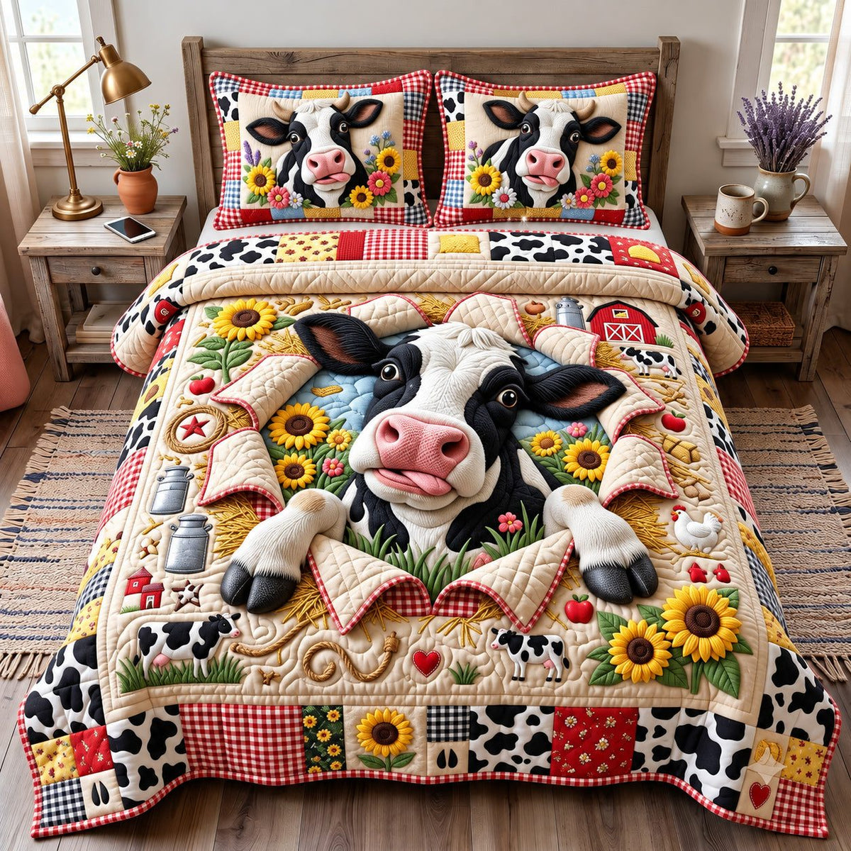 Cute Cow quilted 3-piece bedding set on a made bed with two matching pillow shams