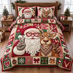Cute Santa Reindeer quilted 3-piece bedding set on a made bed in a winter-styled bedroom