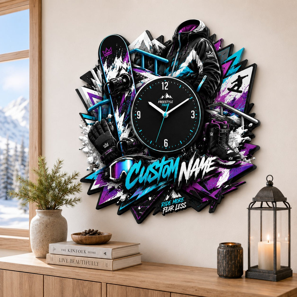 Snowboard enthusiasts Custom Name Wall Clock — personalized with a custom name