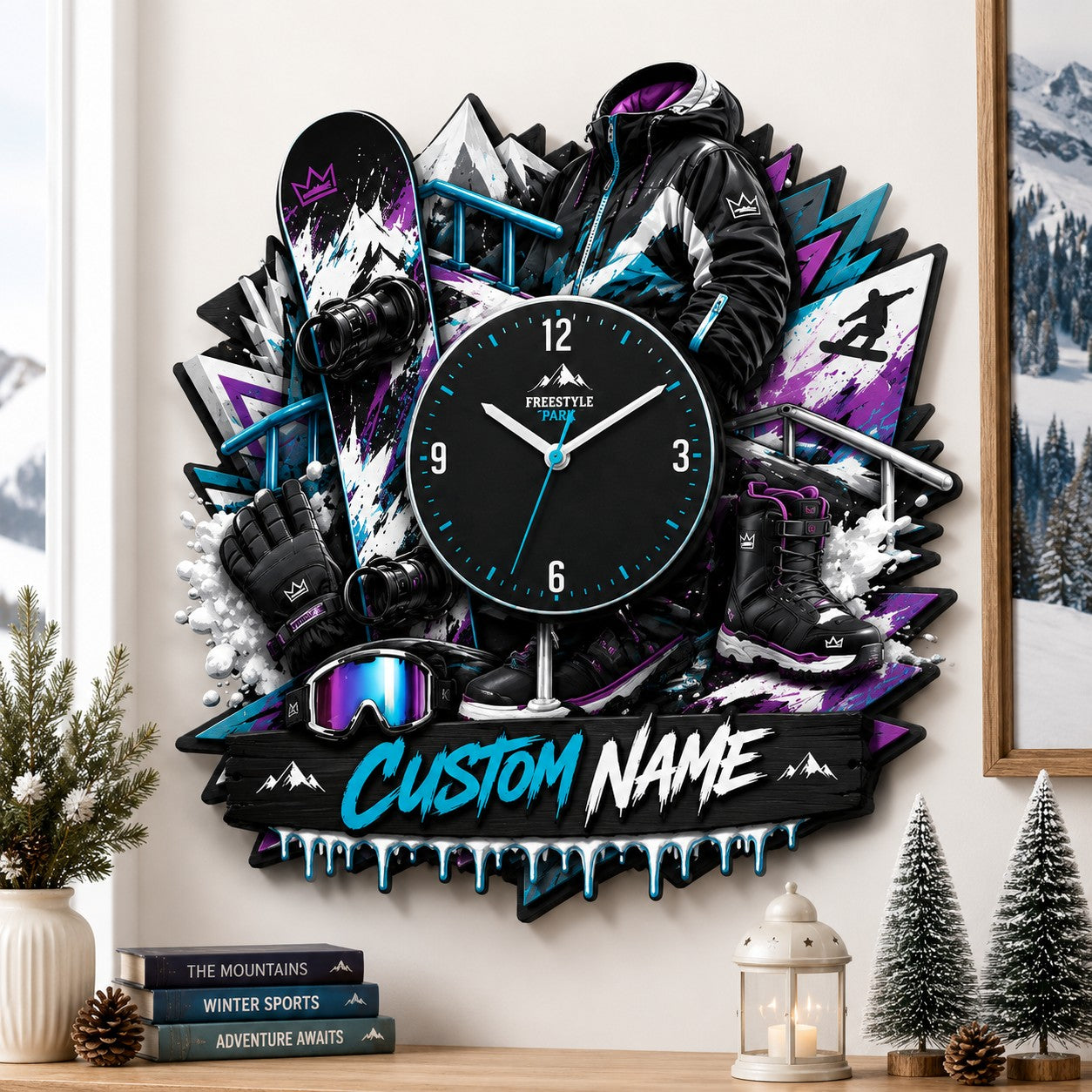 Snowboard enthusiasts Custom Name Wall Clock — personalized with a custom name