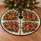 Dachshund Apple Toy Harp printed Christmas circular tree skirt; design mockup showing a flat printed depth effect.