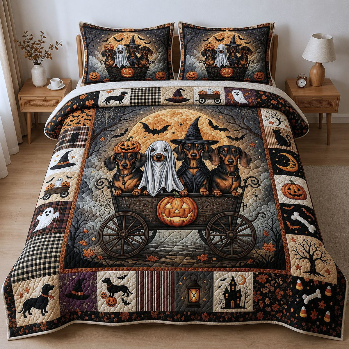 Dachshund Ghost Dog 3-Piece Quilted Bedding Set GFTOPND801 quilted 3-piece bedding set on a made bed against a dark styled interior