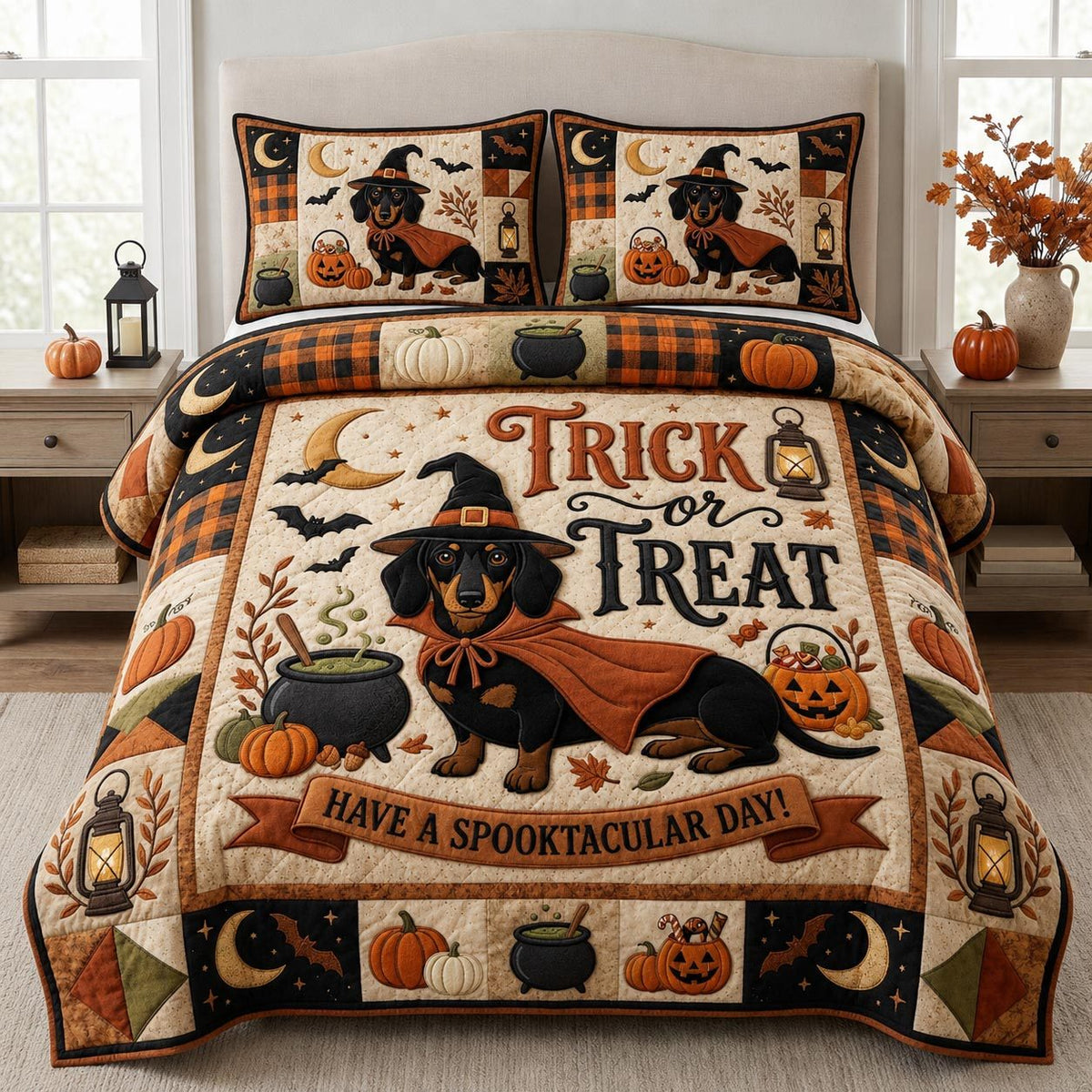 Dachshund Halloween 3-Piece Quilted Bedding Set GFTOLAN1429 quilted 3-piece bedding set on a made bed against a dark styled interior