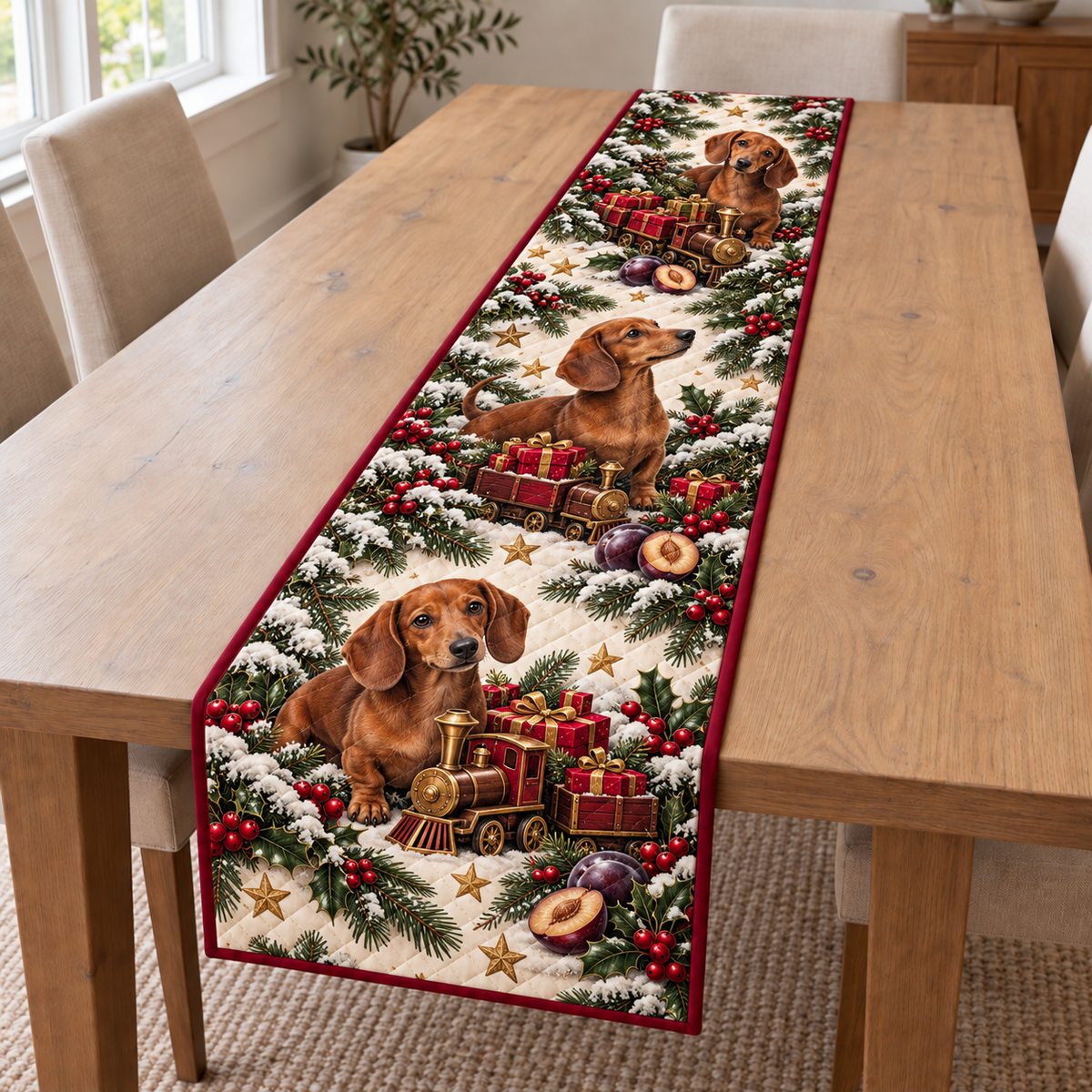 Dachshund Sugarplum Toy Train printed Christmas quilted table runner; design mockup showing a flat printed depth effect.