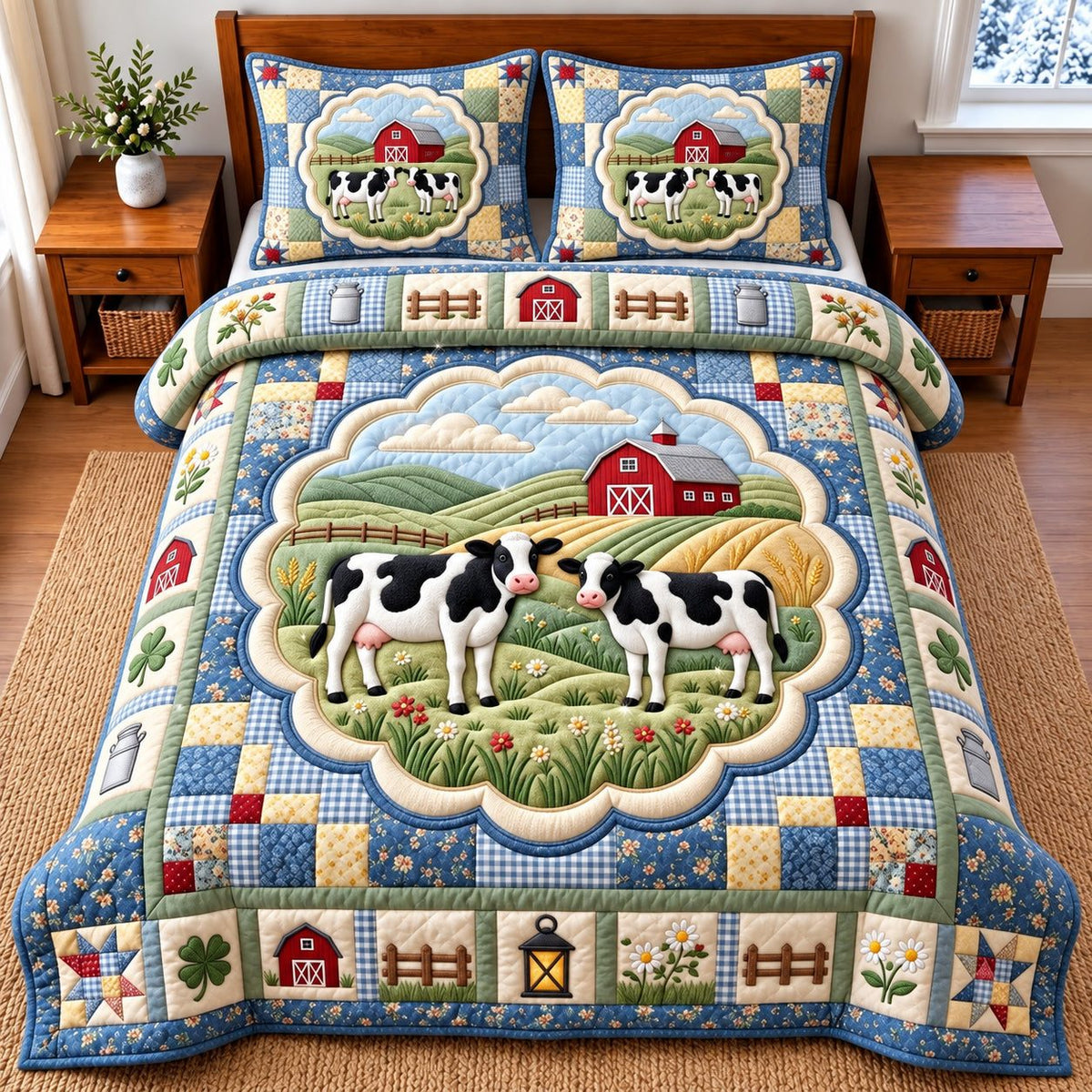 Dairy Cow quilted 3-piece bedding set on a made bed with two matching pillow shams