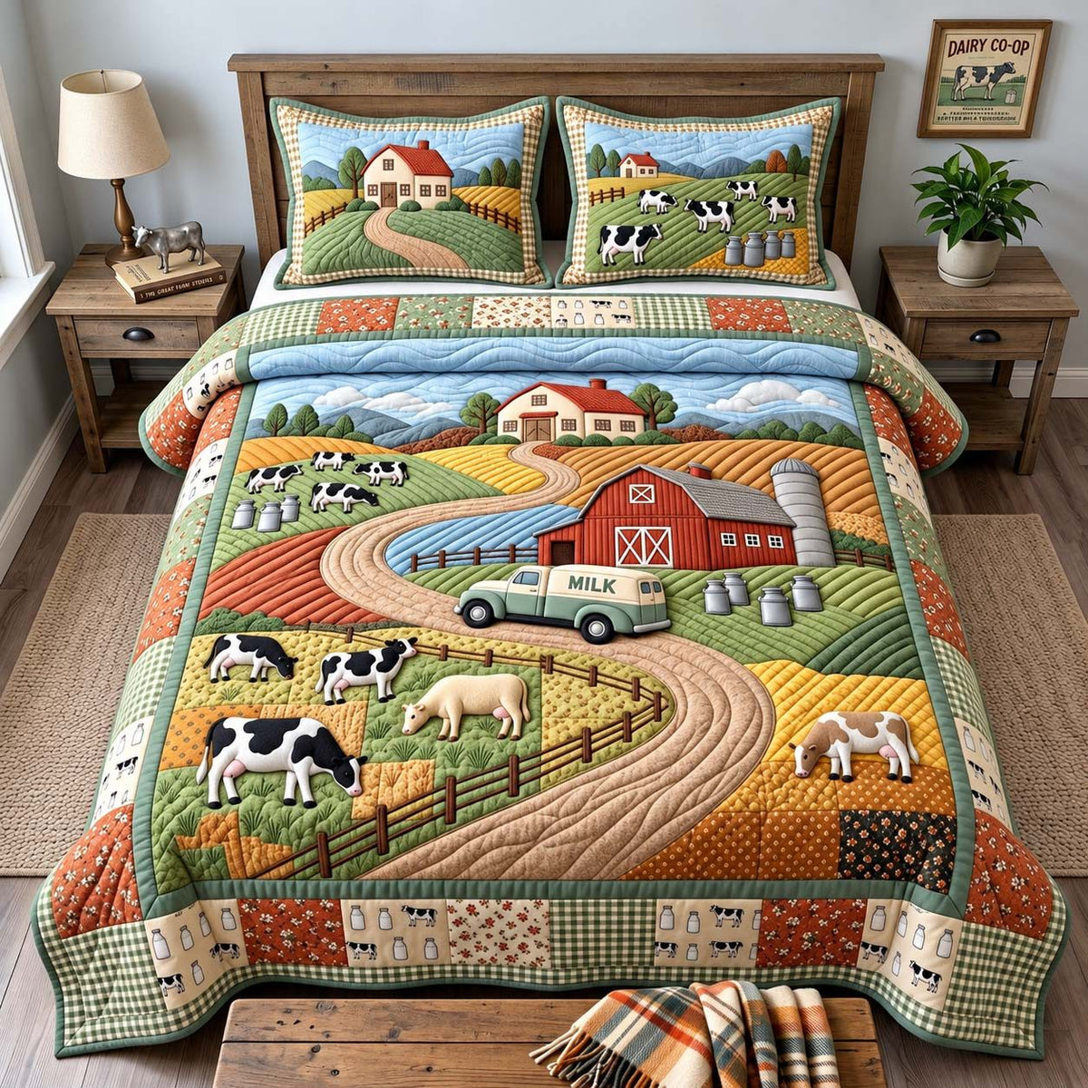 Dairy Road Journey quilted 3-piece bedding set on a made bed with two matching pillow shams