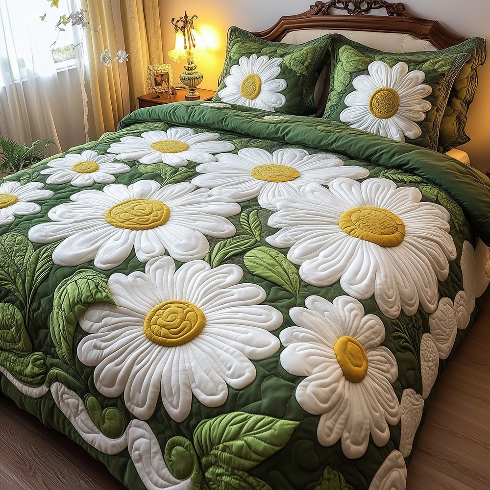 Daisy Garden 3-Piece Quilted Bedding Set GFTOTL2233 quilted 3-piece bedding set on a made bed with two matching pillow shams