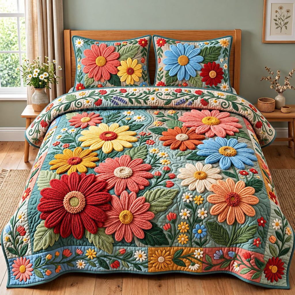 Daisy Patchwork quilted 3-piece bedding set on a made bed in a farmhouse bedroom