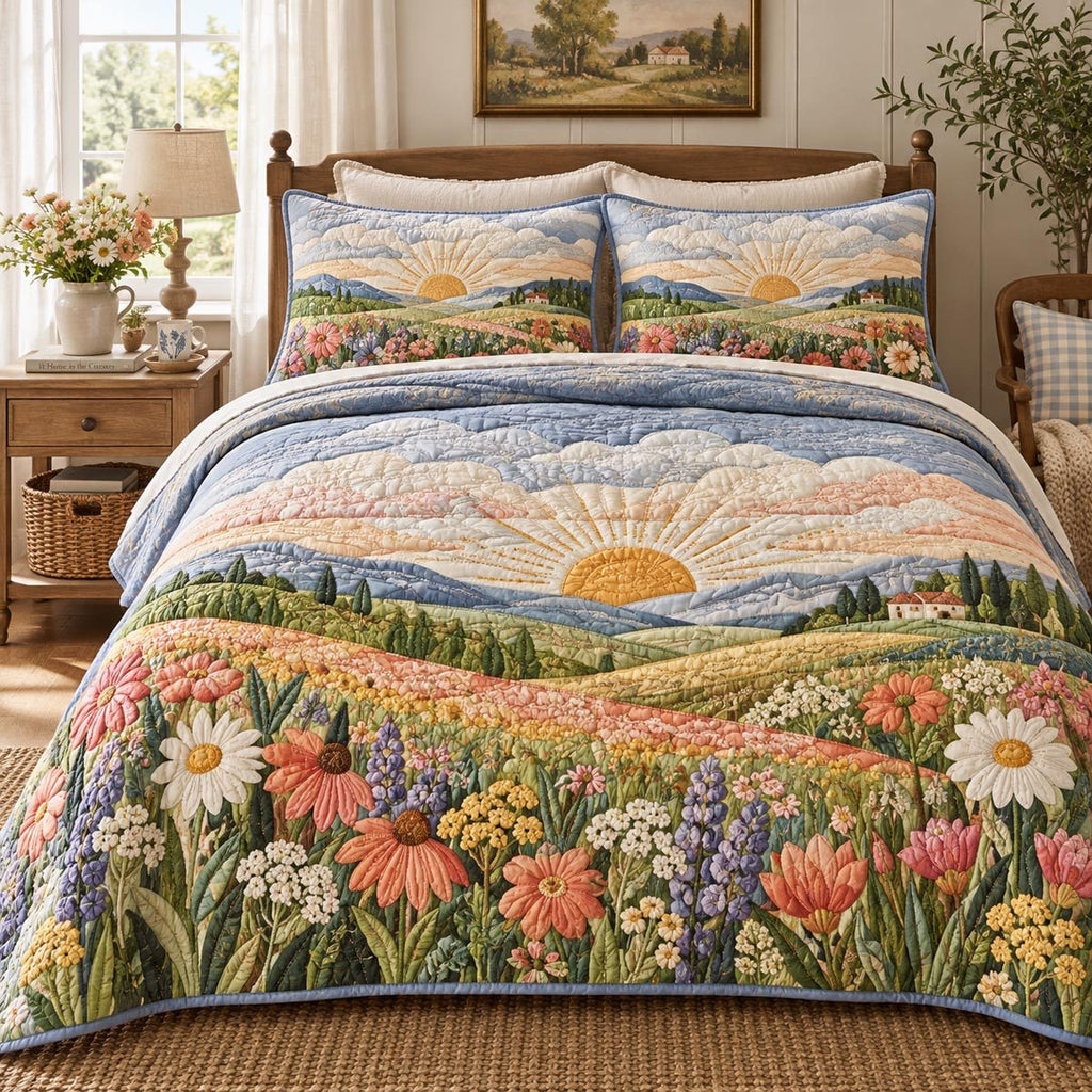 Daisy Sunrise Valley quilted 3-piece bedding set on a made bed with two matching pillow shams