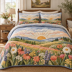 Daisy Sunrise Valley quilted 3-piece bedding set on a made bed with two matching pillow shams