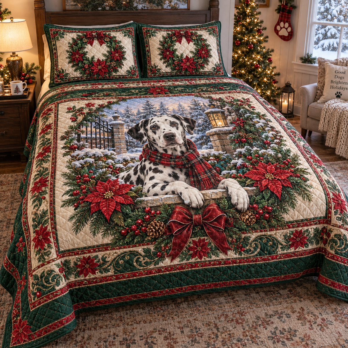 Dalmatian Christmas 3-Piece Quilted Bedding Set — digital product visualization