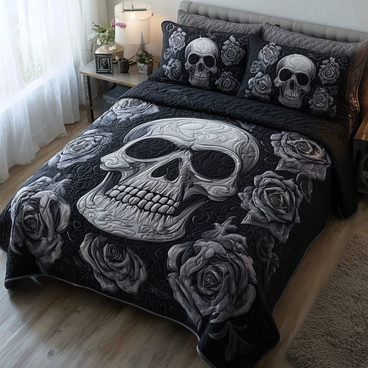 Dark Elegance 3-Piece Quilted Bedding Set GFTOTP11189 quilted 3-piece bedding set on a made bed with two matching pillow shams