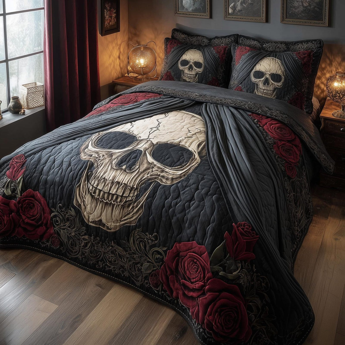 Dark Romance 3-Piece Quilted Bedding Set GFTOMA8333 quilted 3-piece bedding set on a made bed with two matching pillow shams