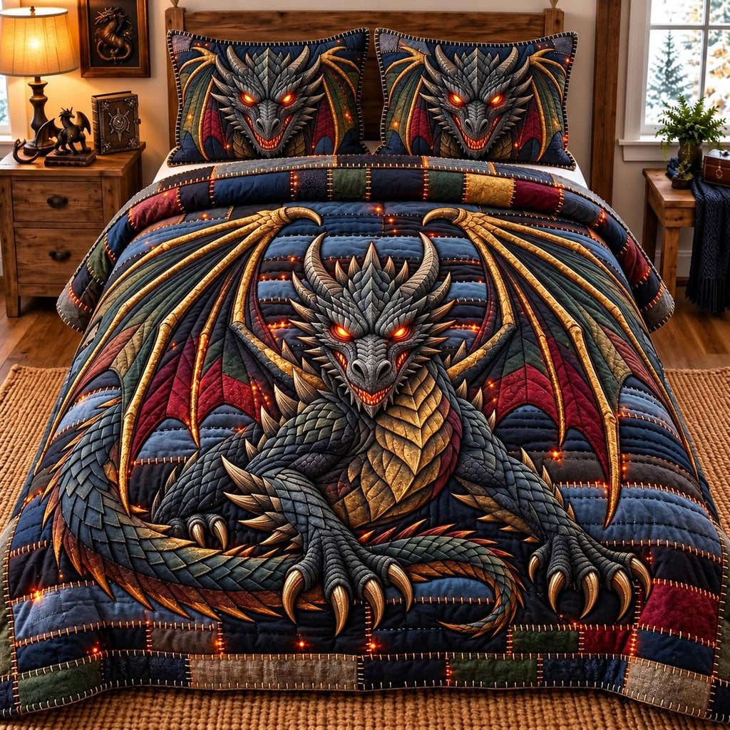 Dark Scale Dragon quilted 3-piece bedding set on a made bed with two matching pillow shams