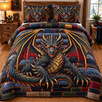 Dark Scale Dragon quilted 3-piece bedding set on a made bed with two matching pillow shams