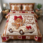 Dashing Through The Dough quilted 3-piece bedding set on a made bed with two matching pillow shams