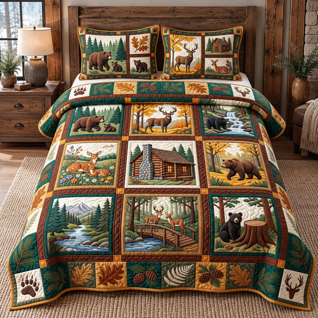 Deer And Bear Autumn Lodge Patchwork quilted 3-piece bedding set on a made bed in a farmhouse bedroom
