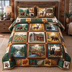 Deer And Bear Autumn Lodge Patchwork quilted 3-piece bedding set on a made bed in a farmhouse bedroom