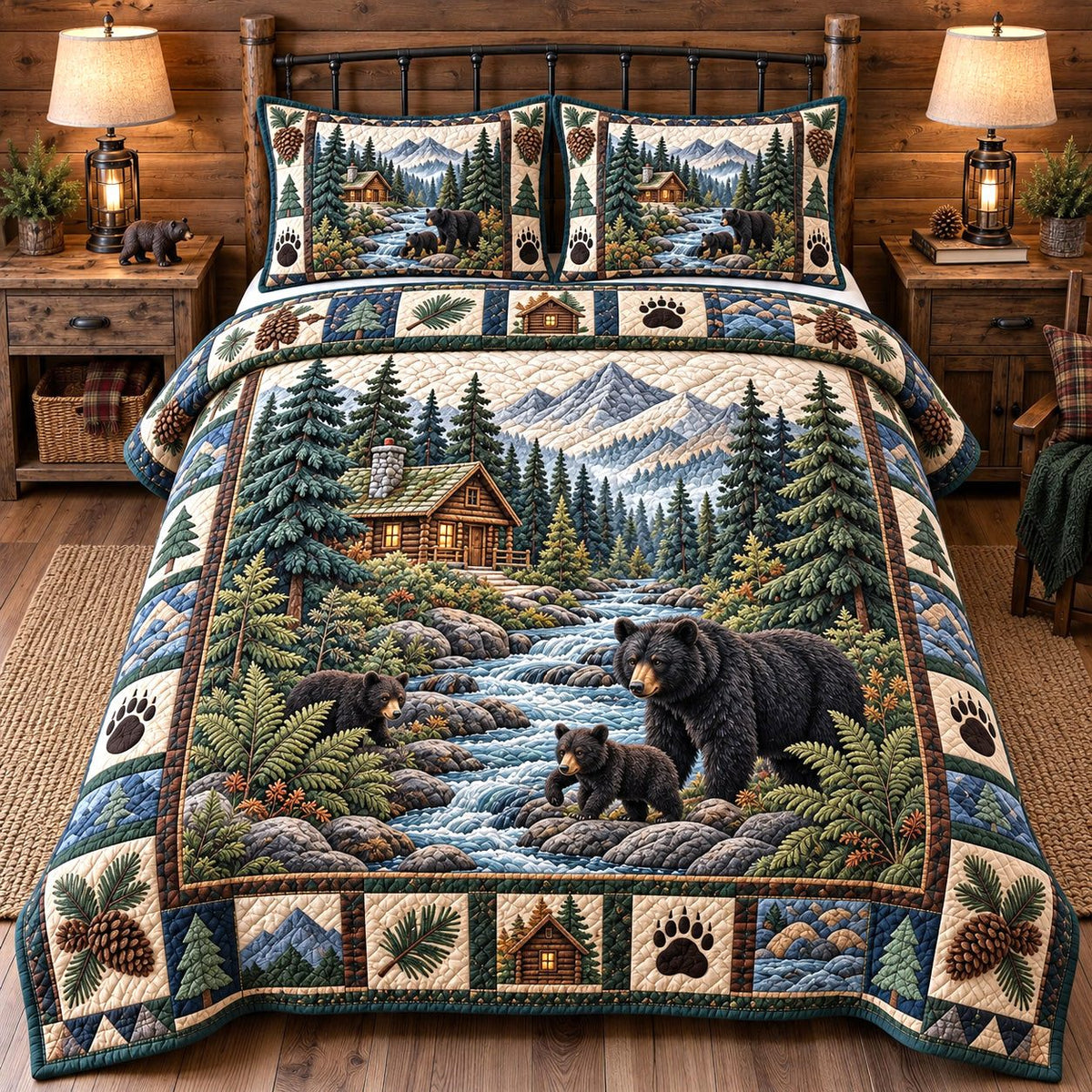 Deer And Wolf Moonlit Forest Charm quilted 3-piece bedding set on a made bed with two matching pillow shams