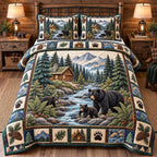 Deer And Wolf Moonlit Forest Charm quilted 3-piece bedding set on a made bed with two matching pillow shams