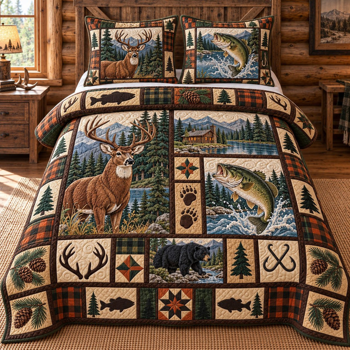 Deer Bass Antler Hunting quilted 3-piece bedding set on a made bed with two matching pillow shams