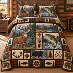 Deer Bass Antler Hunting quilted 3-piece bedding set on a made bed with two matching pillow shams