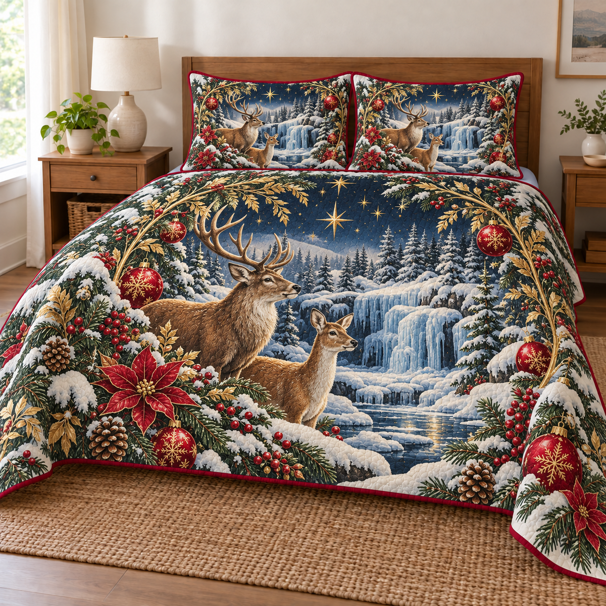 Deer Crystal Waterfall printed Christmas quilt and two matching pillow shams; design mockup showing a flat printed depth effect.