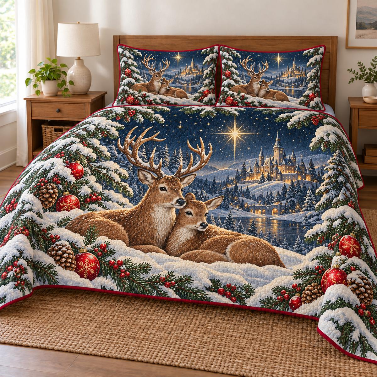 Deer Star Castle printed Christmas quilt and two matching pillow shams; design mockup showing a flat printed depth effect.