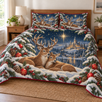 Deer Star Castle printed Christmas quilt and two matching pillow shams; design mockup showing a flat printed depth effect.