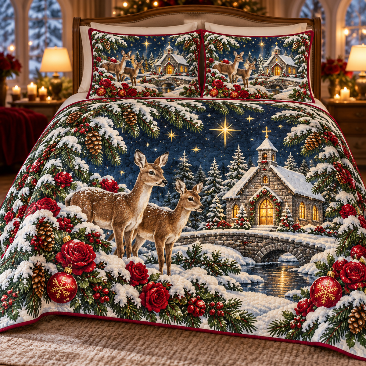 Deer Winter Rose Chapel printed Christmas quilt and two matching pillow shams; design mockup showing a flat printed depth effect.