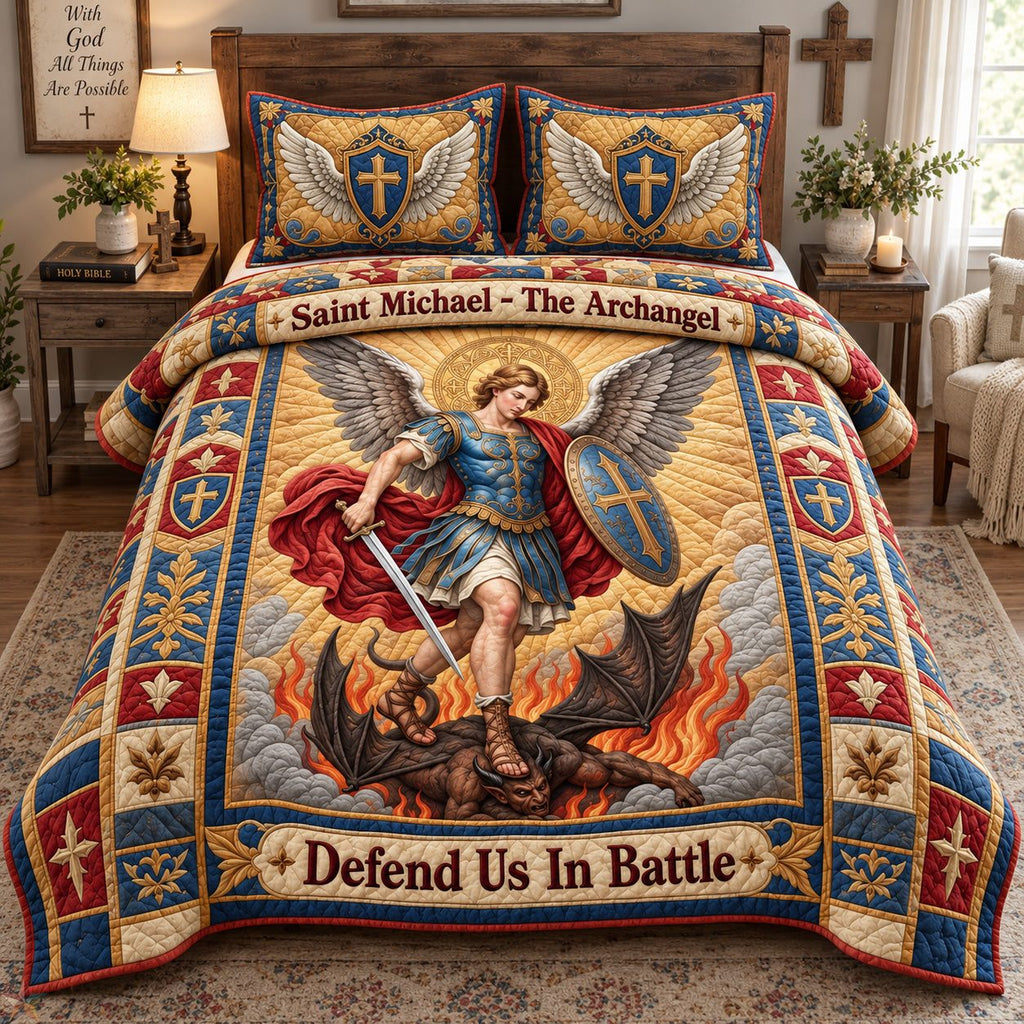 Defend Us In Battle quilted 3-piece bedding set on a made bed with two matching pillow shams