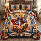 Defend Us In Battle quilted 3-piece bedding set on a made bed with two matching pillow shams
