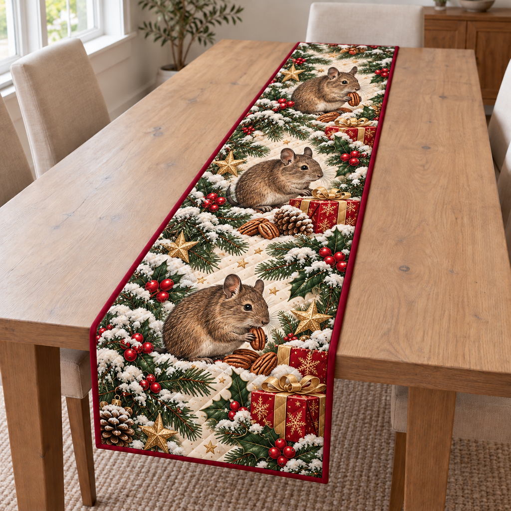 Degu Pecan Gift printed Christmas quilted table runner; design mockup showing a flat printed depth effect.