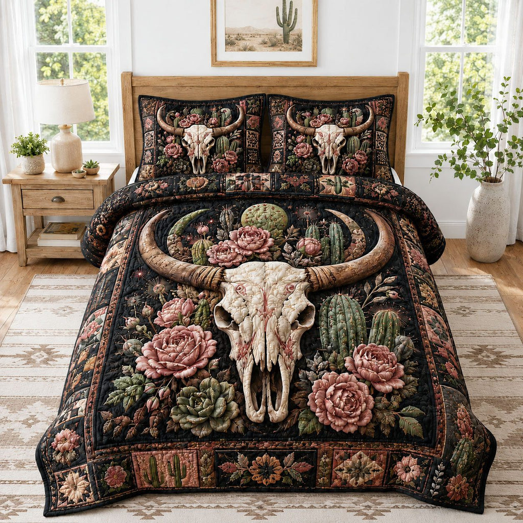Desert Cactus Rose Longhorn Skull 3-Piece Quilted Bedding Set GFTOHNL1111 quilted 3-piece bedding set on a made bed against a dark styled interior