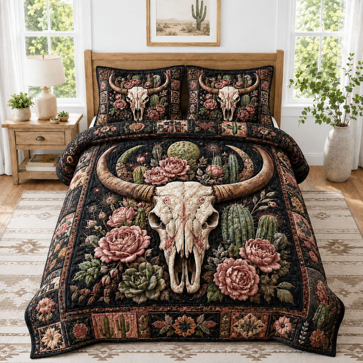 Desert Cactus Rose Longhorn Skull 3-Piece Quilted Bedding Set GFTOHNL1111 quilted 3-piece bedding set on a made bed against a dark styled interior