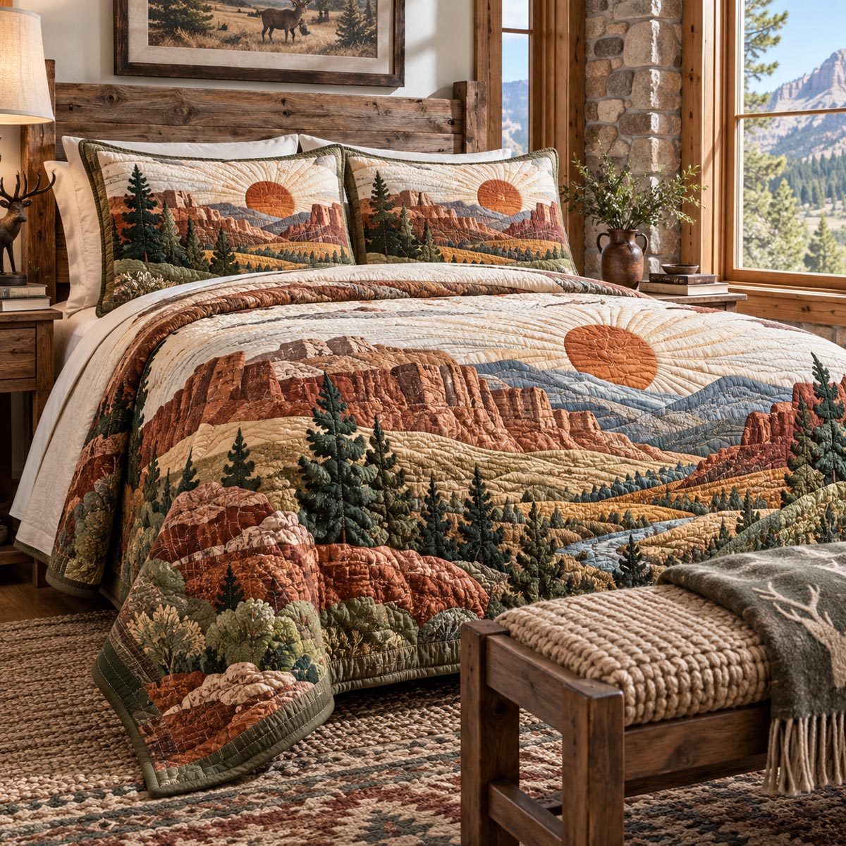 Desert Canyon Sunrise quilted 3-piece bedding set on a made bed with two matching pillow shams