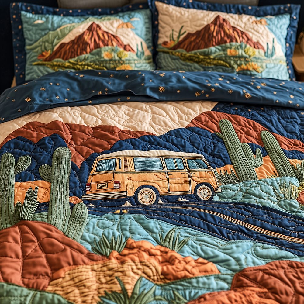 Desert Highway 3-Piece Quilted Bedding Set GFTOTL2353 quilted 3-piece bedding set on a made bed with two matching pillow shams