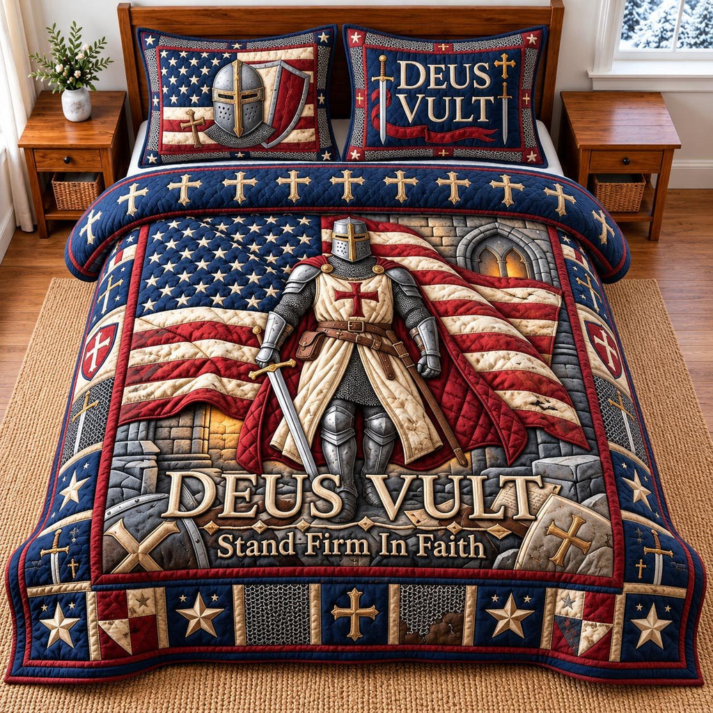Deus Vult Faith quilted 3-piece bedding set on a made bed in a softly lit bedroom