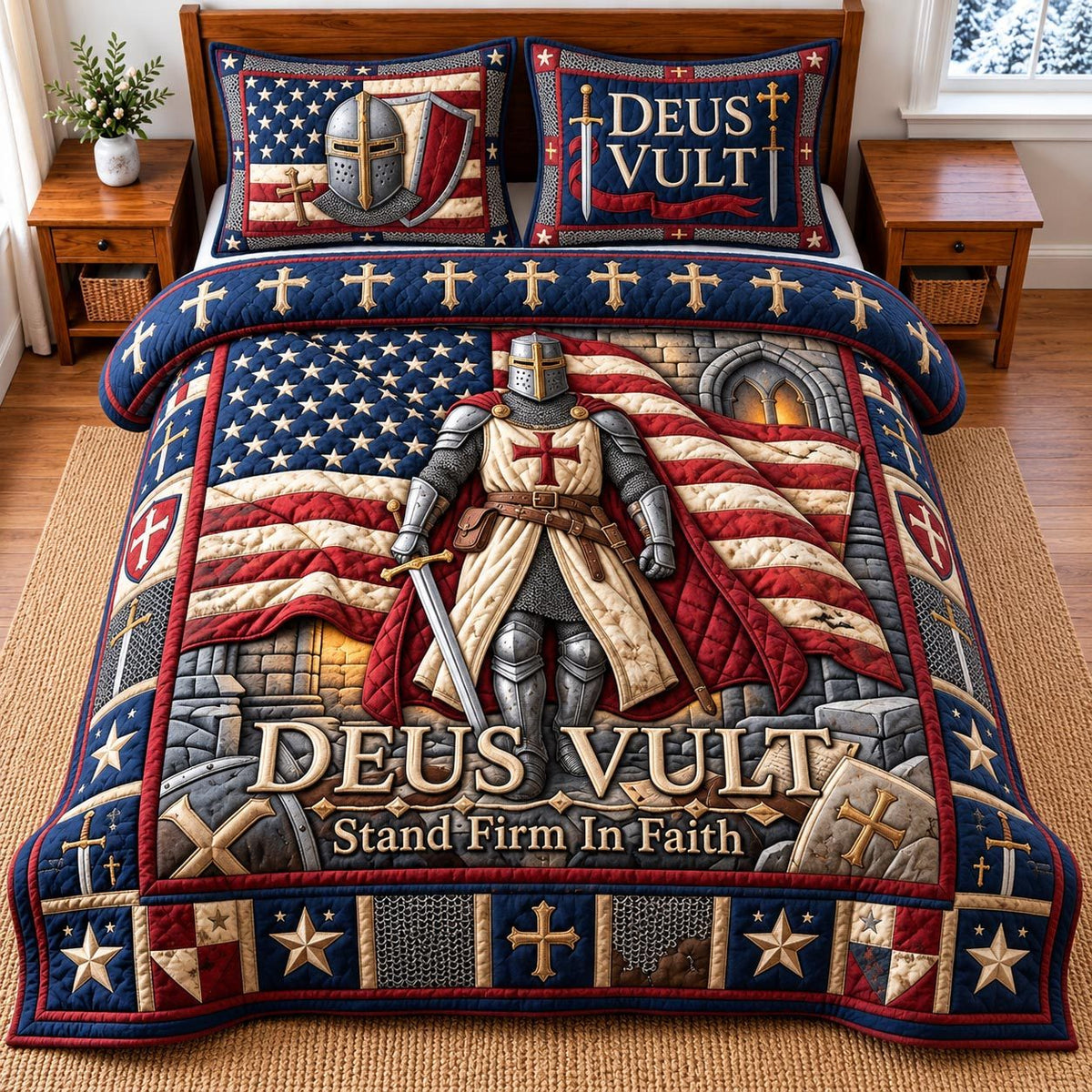 Deus Vult Faith quilted 3-piece bedding set on a made bed in a softly lit bedroom
